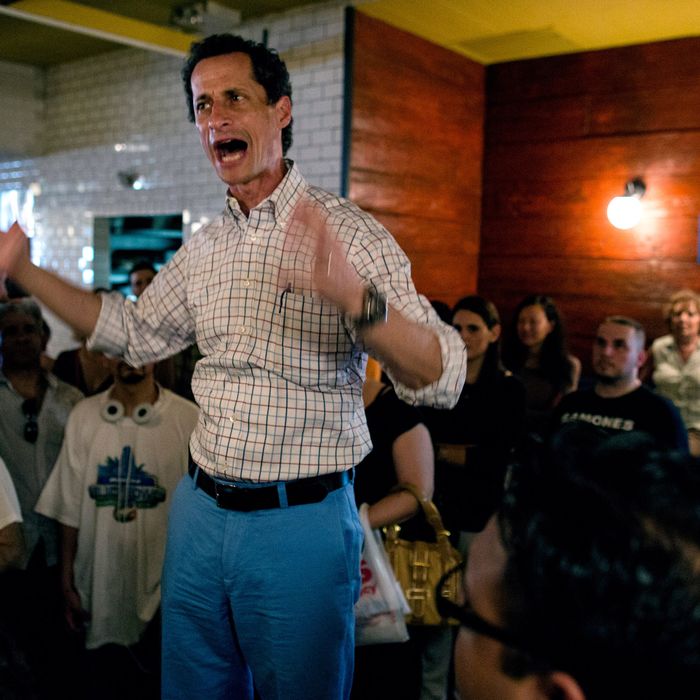New York mayoral candidate Anthony Weiner stands above supporters as he speaks to them at a gathering to distribute petitions for his campaign Sunday, June 2, 2013, in New York. Earlier in the day, Weiner marched in the Israel Day Parade. 