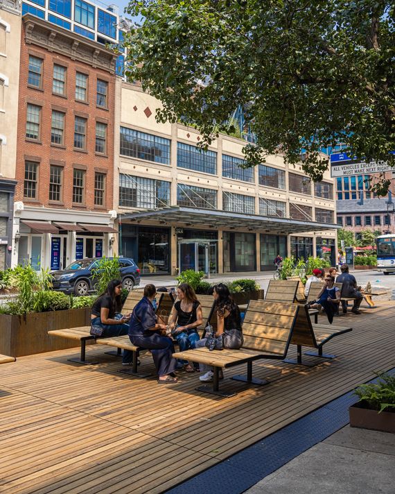 One of the streetside plaza platforms newly installed in the Meatpacking District east of Tenth Avenue.