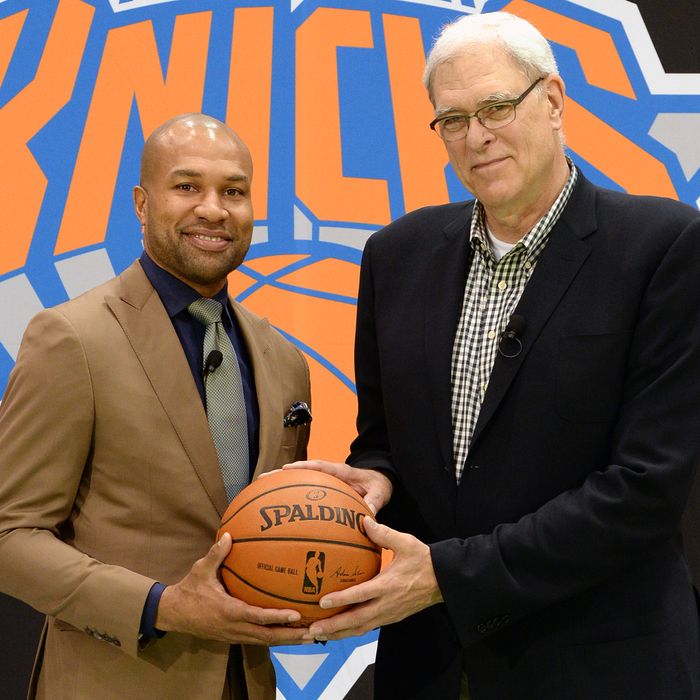  (L-R) Derek Fisher and Phil Jackson pose for a photo during the announcement of Derek Fisher as head coach of the New York Knicks at a press conference on June 10, 2014 in Greenburgh, New York. 