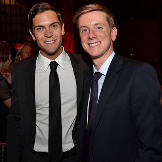 Sean Eldridge, president of Hudson River Ventures, left, and Chris Hughes, editor-in-chief and publisher of The New Republic and a founder of Facebook Inc., stand for a photograph during the Paris Review Spring Revel gala in New York, U.S., on Tuesday, April 3, 2012. The Paris Review Spring Revel is an annual gala held in celebration of great American writers and writing. This year's benefit celebrated the literary magazine's 200th issue.