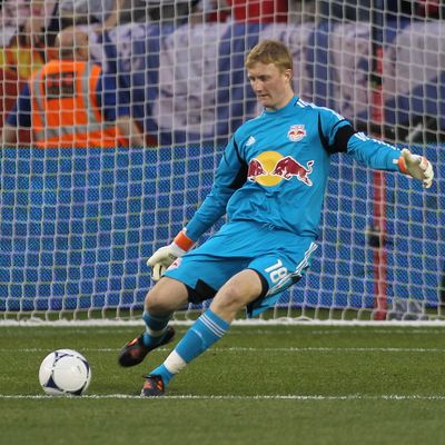 HARRISON, NJ - APRIL 14: Ryan Meara #18 of the New York Red Bulls plays the ball against the San Jose Earthquakes during the game at Red Bull Arena on April 14, 2012 in Harrison, New Jersey. (Photo by Andy Marlin/Getty Images)