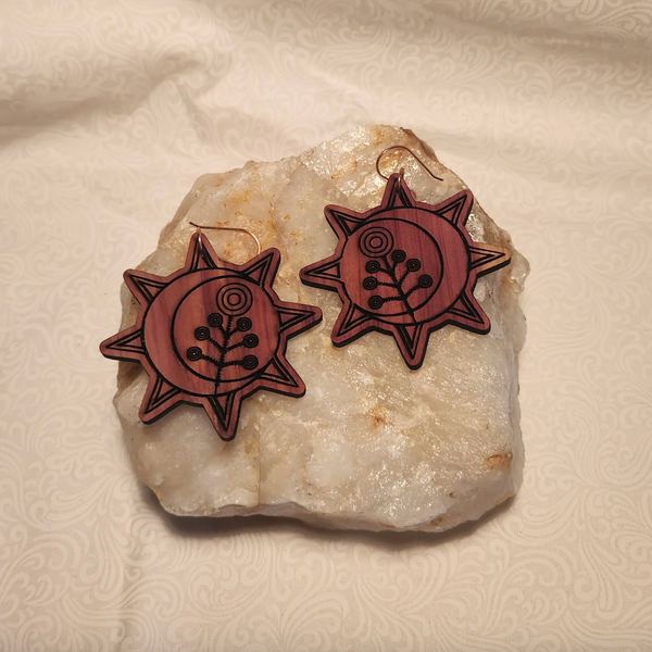 Large Laser Engraved Cedar Celestial Earrings by Tabitha Jacobs-Polanco