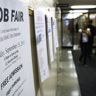 HAUPPAUGE, NY - SEPTEMBER 08: A job fair sign is viewed at a Job Fair at the Suffolk County One Stop Employment Center on September 8, 2011 in Hauppauge, New York. U.S. President Barack Obama will address Congress and the nation tonight on his plan for job growth in America. With unemployment still above 9 percent across the nation, job growth has become the center piece to the administration. (Photo by Spencer Platt/Getty Images)