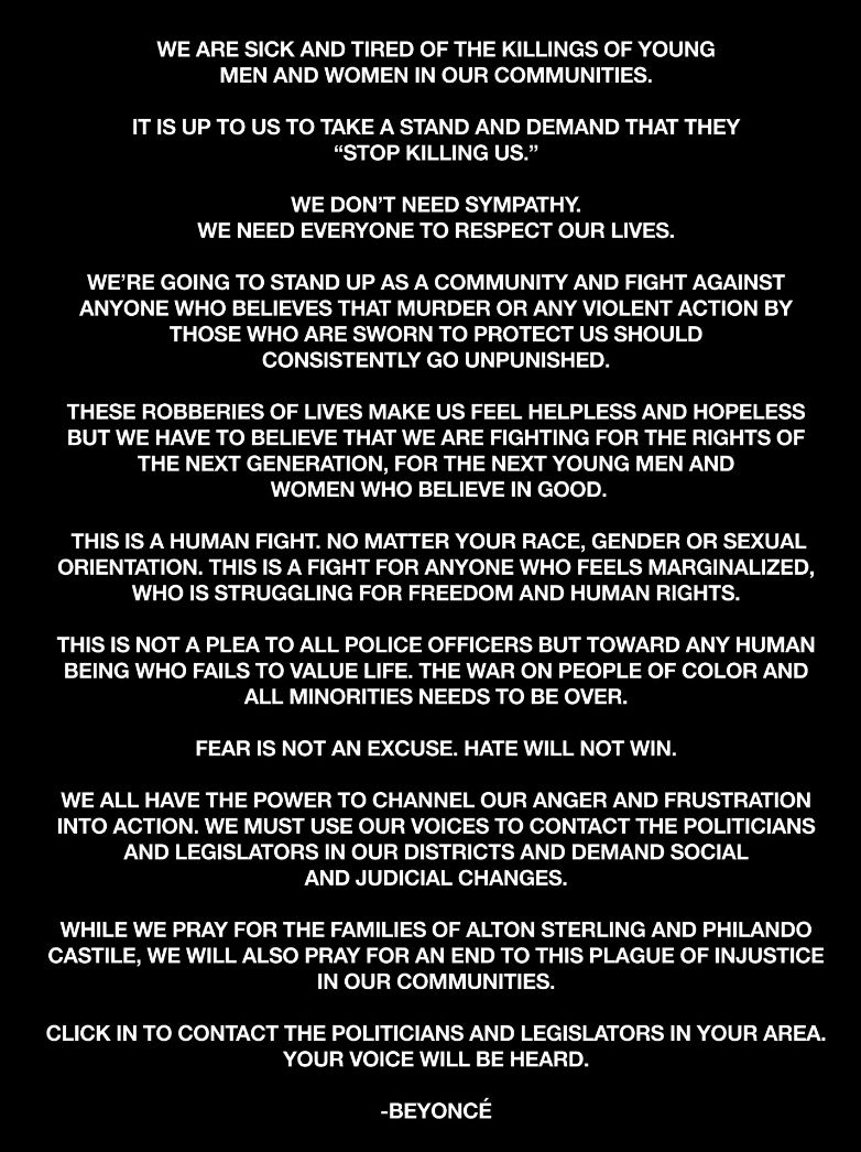 Beyoncé Writes Passionate Letter On Alton Sterling And Philando Castile 