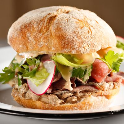 The Sixth: roast beef, chopped liver, herb salad, radish, and comeback sauce on a Balthazar ciabatta roll.