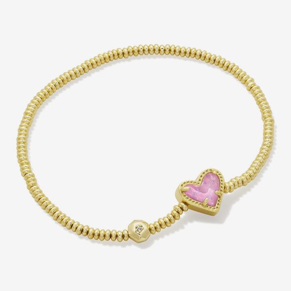 Kendra Scott Ari Heart Gold Stretch Bracelet in Pink Iridescent Glitter Glass