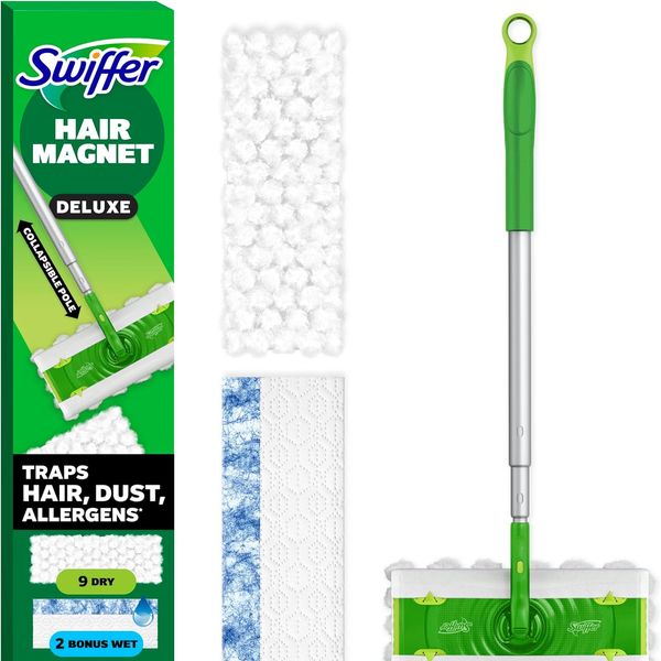 Swiffer Hair Magnet Deluxe Starter Kit with Collapsible Pole, 9 Hair Magnet Dry Cloths