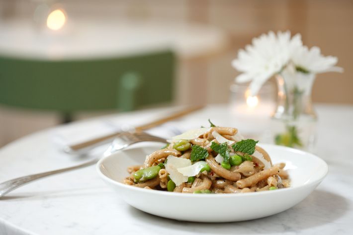 Emmer Maccheroni, hen of the woods, fava beans, green peas, pecorino.