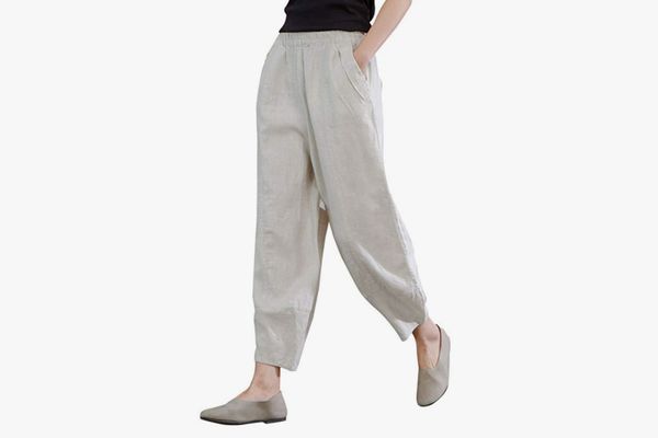 IXIMO Women's 100% Linen Pants Relax Fit Lantern Cropped Tapered Pants Trousers with Elastic Waist