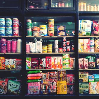 Products on shelves of supermarket