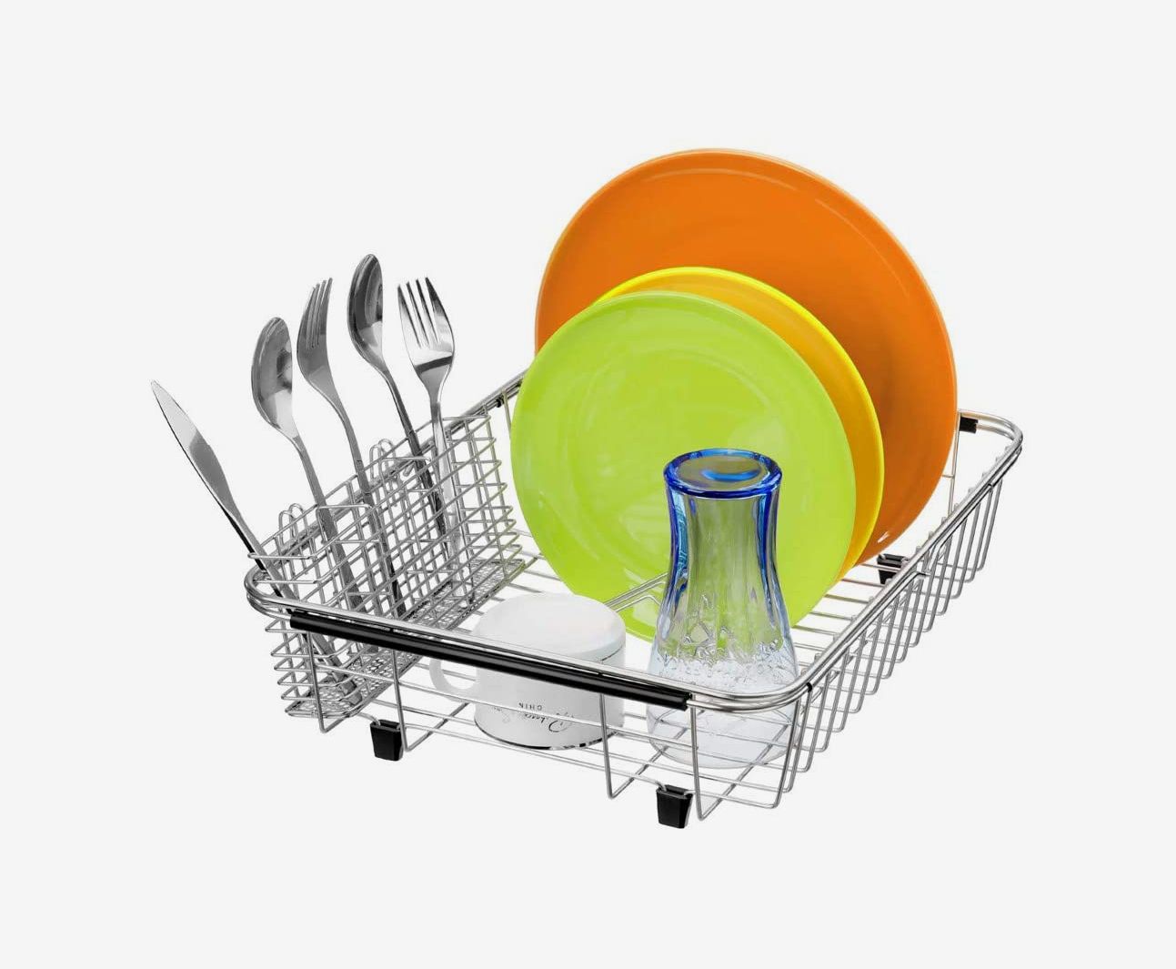 2 Two Tier Dish Drainer Rack with Cutlery Utensil Holder Round Top Plastic Black 