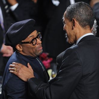 Director Spike Lee greets US President Barack Obama after Obama spoke at the 20th anniversary National Action Network Gala April 6, 2011 at a hotel in New York City. The National Action Network is a coalition of civil rights groups headed by Reverend Al Sharpton. AFP PHOTO/Mandel NGAN (Photo credit should read MANDEL NGAN/AFP/Getty Images)