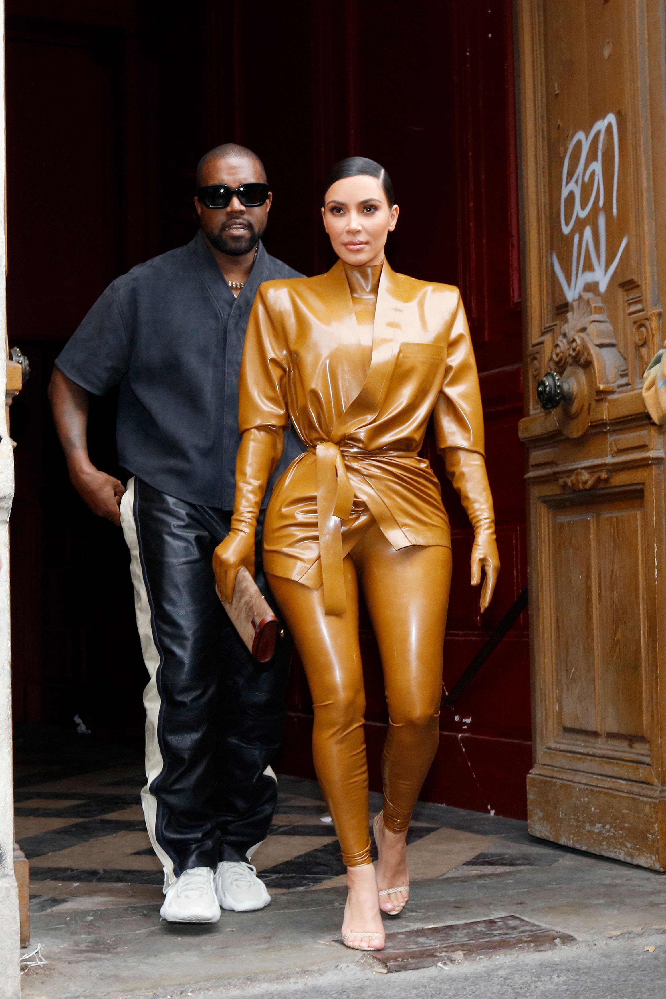 Kim Kardashian wears latex to Kanye West's Sunday Service in Paris