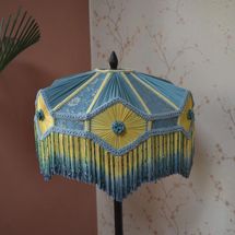 Hand-Stitched Victorian Lampshade: Petrol Blue Silk with Beaded Fringe