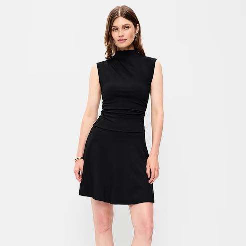 Gathered Mock-Neck Drop-Waist Mini Dress