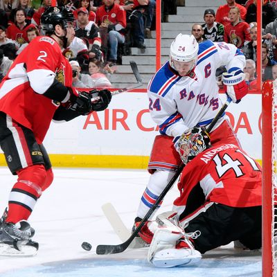 Ryan Callahan #24 of the New York Rangers shoots the puck on Craig Anderson #41 of the Ottawa Senators in Game Six of the Eastern Conference Quarterfinals during the 2012 NHL Stanley Cup Playoffs at the Scotiabank Place on April 23, 2012 in Ottawa, Ontario, Canada. The Rangers defeated the Senators 3-2.