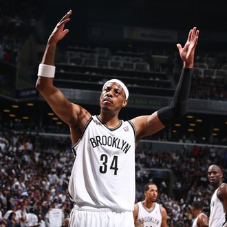Paul Pierce #34 of the Brooklyn Nets celebrates in Game Four of the Eastern Conference Semifinals against the Miami Heat during the 2014 NBA Playoffs on May 12, 2014 at Barclays Center in Brooklyn.