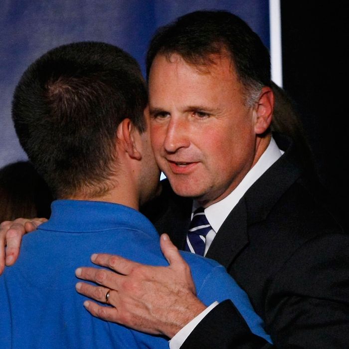 Democratic gubernatorial candidate Creigh Deeds hugs his son Gus after addressing supporters gathered on election night November 3, 2009 in Richmond, Virginia. Virginia voters elected Deeds' Republican opponent, Bob McDonnell, by a decisive margin, reversing eight years of Democratic control. 