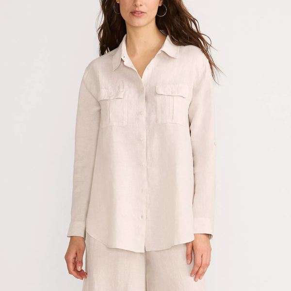 Lands' End Women's Linen Roll Sleeve Relaxed Tunic Top