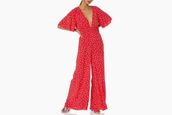 findersKEEPERS Women's Frida Short Sleeve Plunging Wide Leg Casual Jumpsuit
