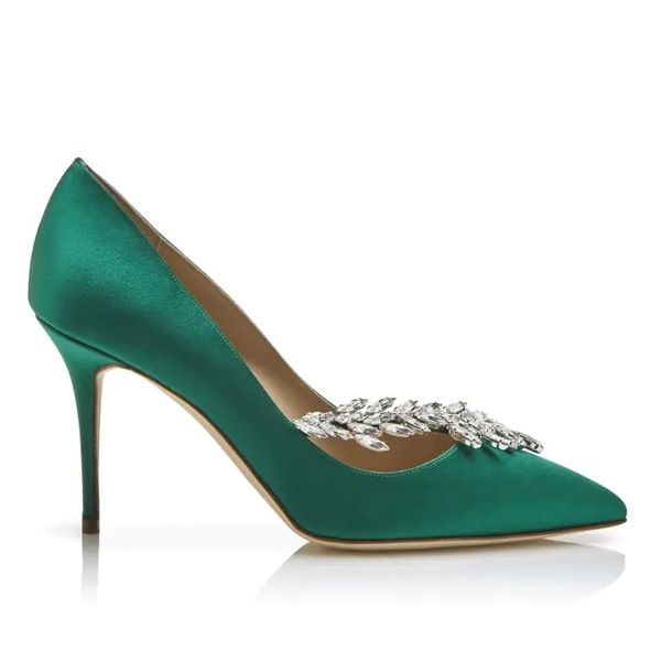 Manolo Blahnik Nadira Green Satin Jewel Buckle Pumps