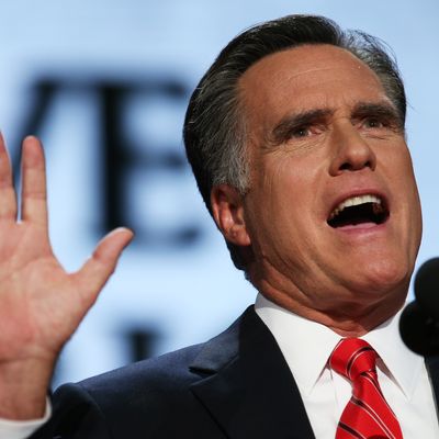 TAMPA, FL - AUGUST 30: Republican presidential candidate, former Massachusetts Gov. Mitt Romney delivers his nomination acceptance speech during the final day of the Republican National Convention at the Tampa Bay Times Forum on August 30, 2012 in Tampa, Florida. Former Massachusetts Gov. Mitt Romney was nominated as the Republican presidential candidate during the RNC which will conclude today. (Photo by Chip Somodevilla/Getty Images)