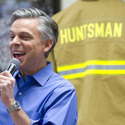 PITTSFIELD, NH - JANUARY 04: Republican presidential candidate, former Utah Gov. Jon Huntsman Jr. speaks to employees after touring Globe Manufacturing Company on January 04, 2012 in Pittsfield, New Hampshire. Huntsman continues to campaign hard in the nation's first primary state. Globe makes equipment for firefighters and other emergency workers. (Photo by Matthew Cavanaugh/Getty Images)