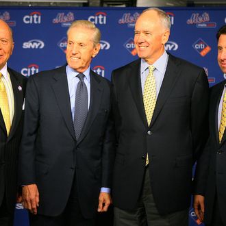 (L - R) Saul Katz, CEO of the Mets, Fred Wilpon, president of the Mets, Sandy Alderson and Jeff Wilpon, chief operating officer of the Mets