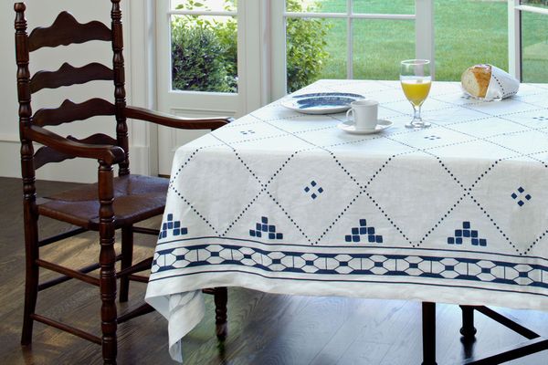 Huddleson Anfa Blue and White Linen Tablecloth