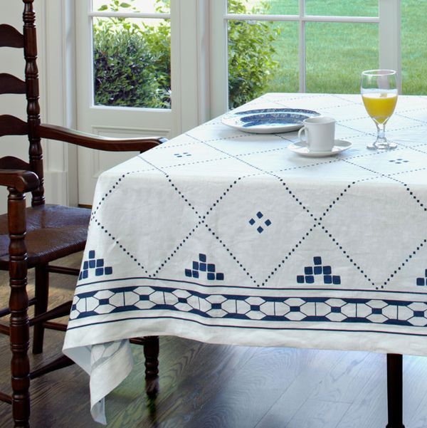 Huddleson Anfa Blue and White Linen Tablecloth