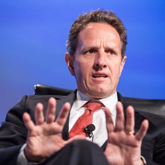 WASHINGTON, DC - MAY 15: U.S. Treasury Secretary Timothy Geithner speaks at the 2012 Fiscal Summit on May 15, 2012 in Washington, DC. The third annual summit, held by the Peter G. Peterson Foundation, explored the theme 