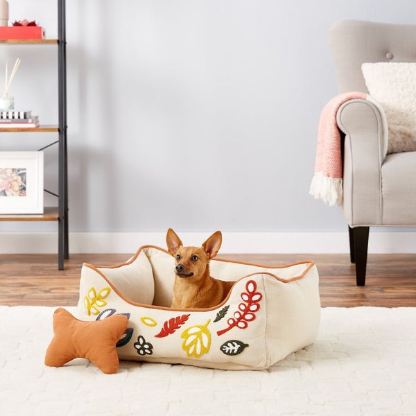 Blueberry Pet Leaves Canvas Bolster Dog Bed With Removable Cover