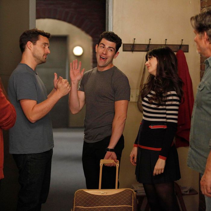 L-R: Winston (Lamorne Morris), Nick (Jake Johnson), Schmidt (Max Greenfield) and Jess (Zooey Deschanel) have a secret they are keeping from their landlord (guest star Jeff Kober, R) in the 