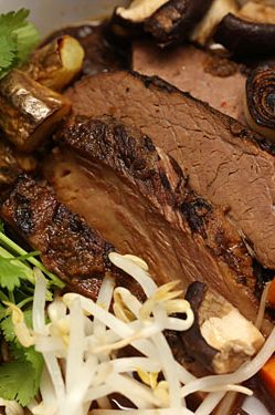 Phot roast soup with brisket, rice noodles, and charred onion