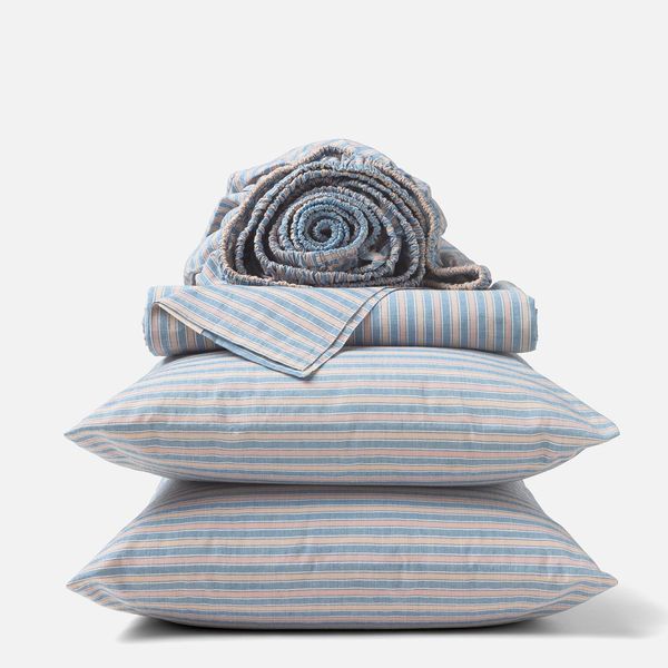 Coyuchi Organic Crinkled Percale Sheet Set - Indigo Stripe - Full