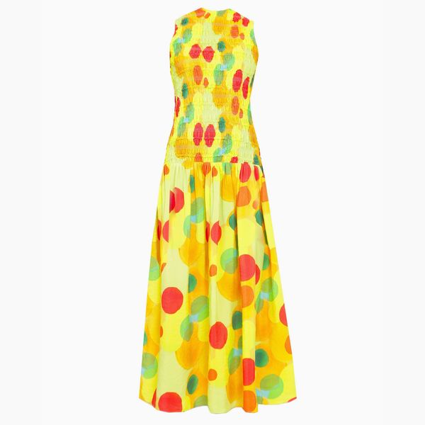 Naya Printed Smocked Circle Dot Midi Dress