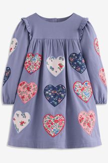 Mini Boden Heart Appliqué Dress - Dusty Blue Hearts