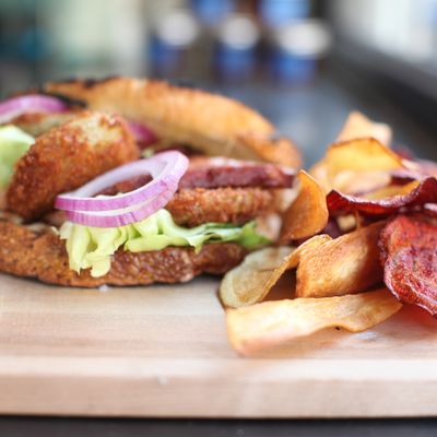 The BLT That Will Tickle Your Pickle, with fried, pickled green tomatoes on sourdough potato bread.