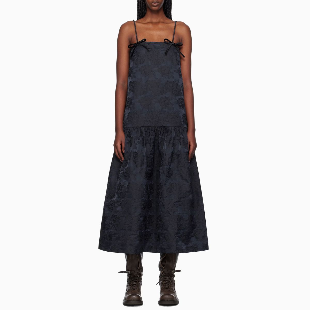 Ganni Navy Botanical Jacquard Strap Midi Dress