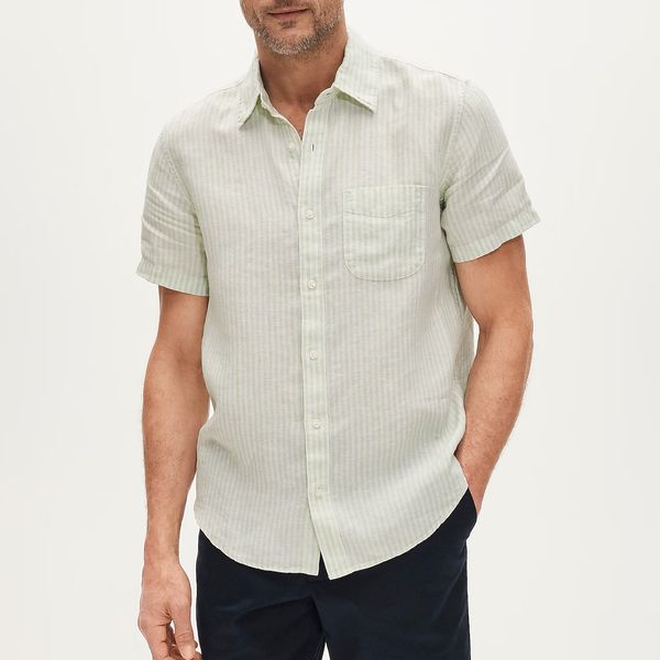 J.Crew Short-Sleeve Point-Collar Linen Shirt in Stripe