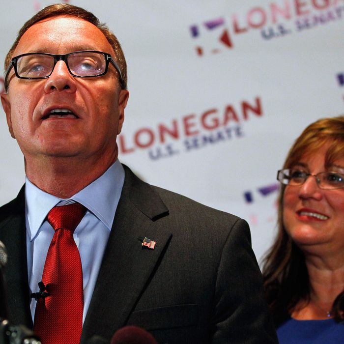 Republican U.S. Senate candidate Steve Lonegan with his wife Lorraine by his side, makes his victory speech after defeating Alieta Eck for the nomination in the special election primary in Secaucus, N.J. Tuesday, Aug. 13, 2013. 