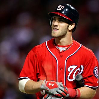 Bryce Harper #34 of the Washington Nationals reacts in the ninth inning after striking out swinging against the St. Louis Cardinals during Game Two of the National League Division Series at Busch Stadium on October 8, 2012 in St Louis, Missouri.