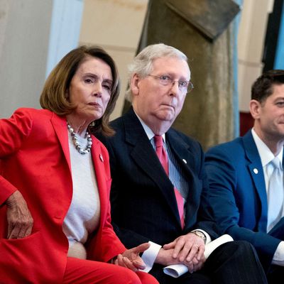 House Minority Leader Nancy Pelosi of Calif., Senate Majority Leader Mitch McConnell of Ky., and House Speaker Paul Ryan of Wis., appear for a Congressional Gold Medal Ceremony honoring the Office of Strategic Services in Emancipation Hall on Capitol Hill in Washington.