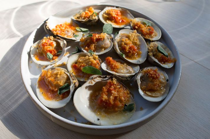 Grilled clams with Calabrian chile and breadcrumbs.