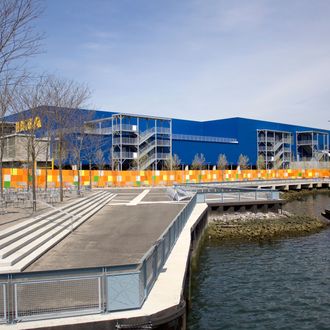 Ikea store in Red Hook Brooklyn, as seen approaching from NY Harbor on a water taxi.