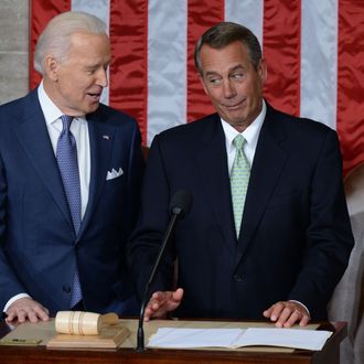 US Vice President Joe Biden (R) confers with Speaker of the House John Boehner (R), R-OH, prior to US President Barack Obama's State of the Union address before a joint session of Congress on January 28, 2014 at the Capitol in Washington, DC. AFP PHOTO/Jewel Samad (Photo credit should read JEWEL SAMAD/AFP/Getty Images)