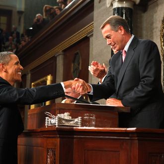 Speaker of the House John Boehner (R) shakes hands with U.S. President Barack Obama before Obama addressed a Joint Session of Congress at the U.S. Capitol September 8, 2011.