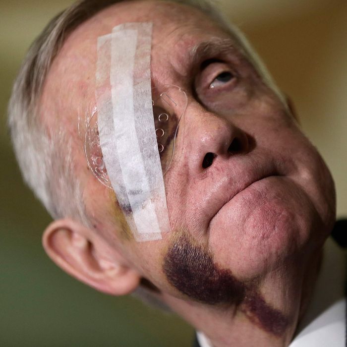 Senate Minority Leader Harry Reid (D-NV) answers questions following the weekly Democratic caucus policy luncheon at the U.S. Capitol February 10, 2015 in Washington, DC.