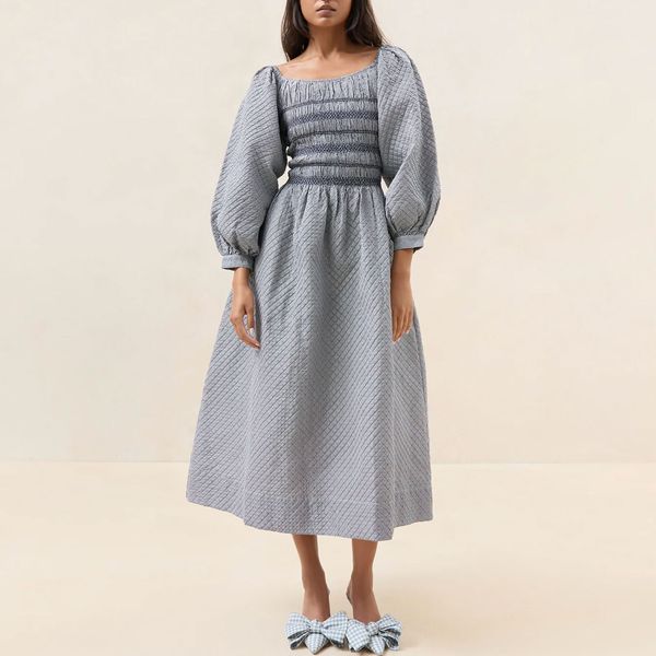 Loeffler Randall Vineta Navy Gingham Gathered Dress