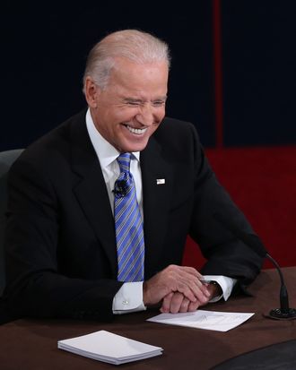  U.S. Vice President Joe Biden smiles during the vice presidential debate at Centre College October 11, 2012 in Danville, Kentucky. This is the second of four debates during the presidential election season and the only debate between the vice presidential candidates before the closely-contested election November 6.